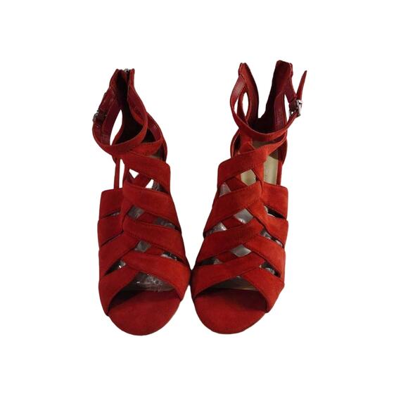 Lord & Taylor Womens Gema Strappy Heeled Sandals Red Suede Ankle Strap Zip 8.5 M - Picture 3 of 8